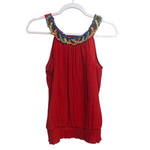 Pretty red shell/tank top by Heart Soul w/beaded yoke collar detail size Small
